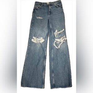 Zara Distressed Blue Wide Leg Flare Jeans